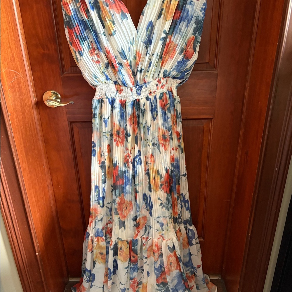 Chicwish Floral Pleated Maxi Dress in Blue and Red